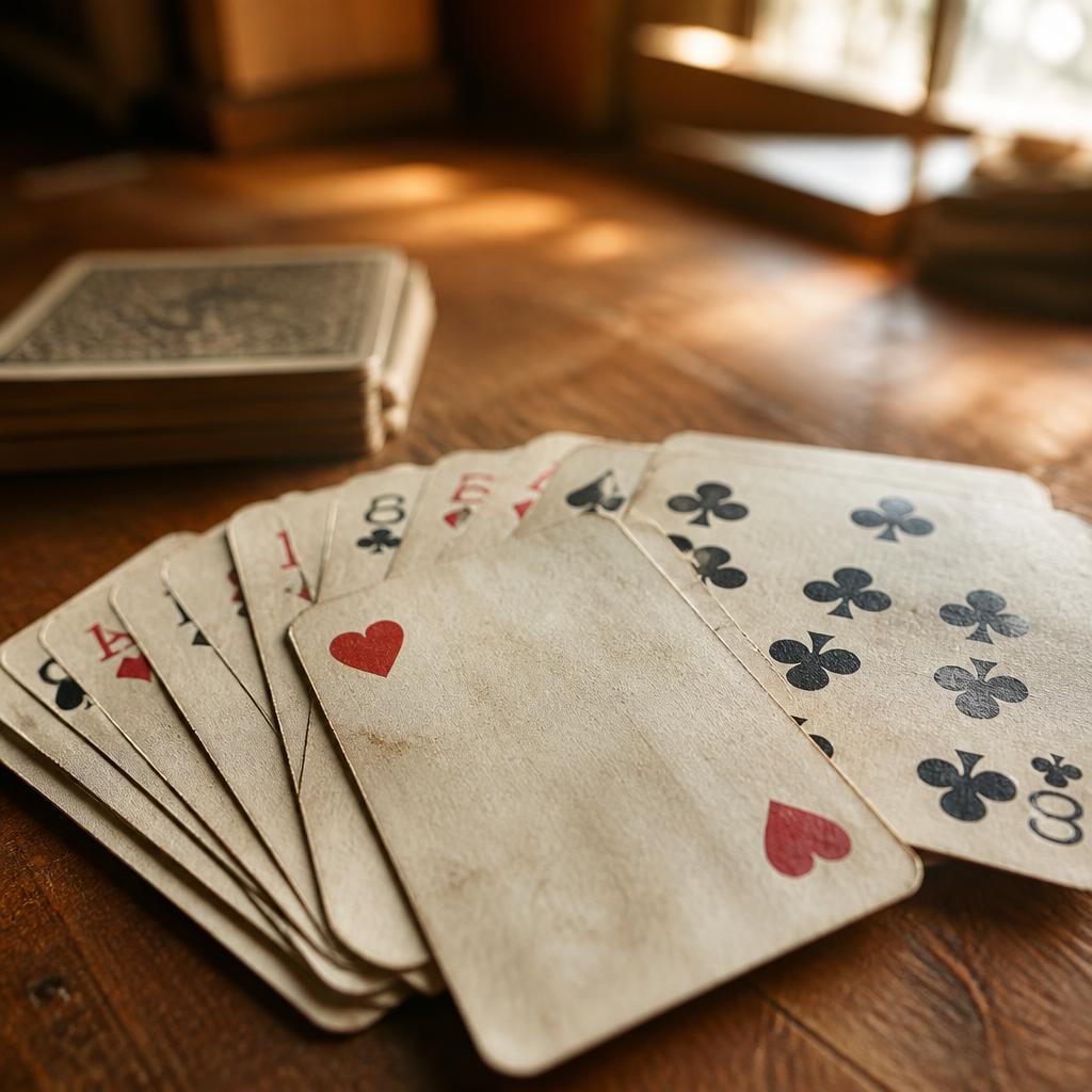 Worn playing cards fanned on a wooden table