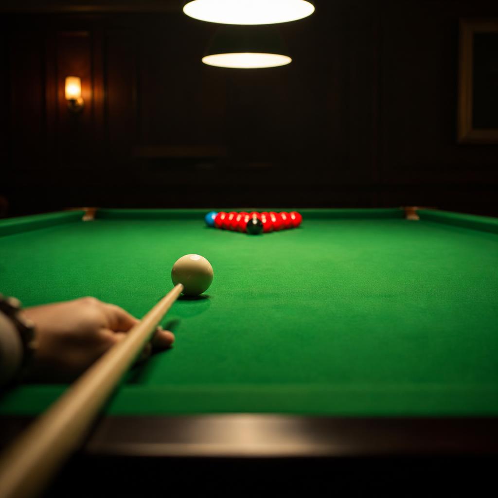 Cue aimed at the white ball on a snooker table